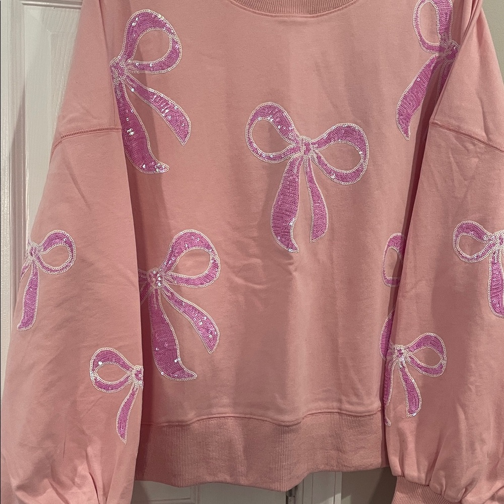 Peach Love California Pink Knit Top Sequin Bows- Size Large - Picture 5 of 7